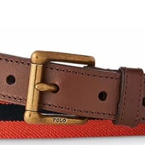 Men’s Polo Ralph Lauren Orange and Navy Blue Striped Stretch Belt w/Leather Trim